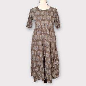 Utsa brown midi dress with blue peacocks